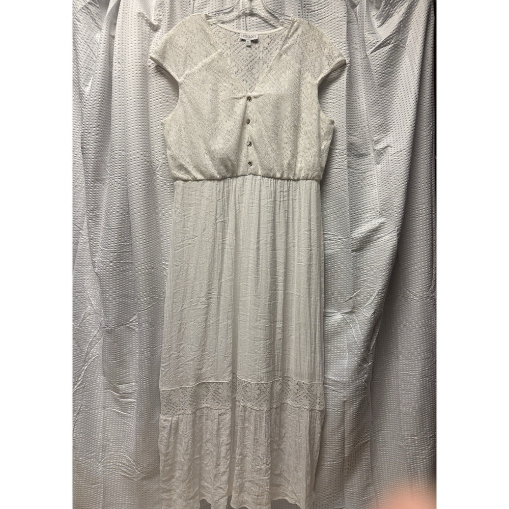 Luxology Women's XL Lined Maxi Dress Lace Bodice V Neck NWT Boho Flowey Feminine